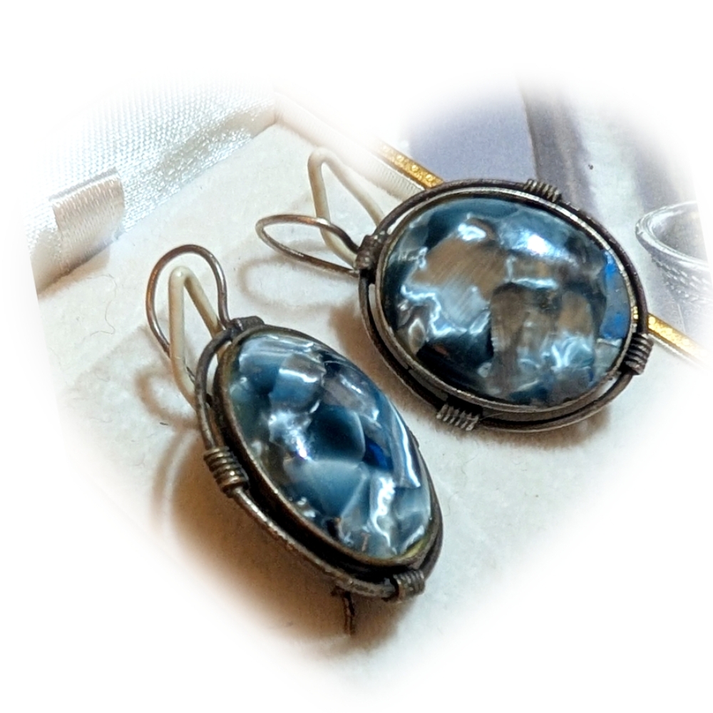 Vintage Artisan Blue Abalone Bullseye Sterling Earrings - Picture 2 of 7